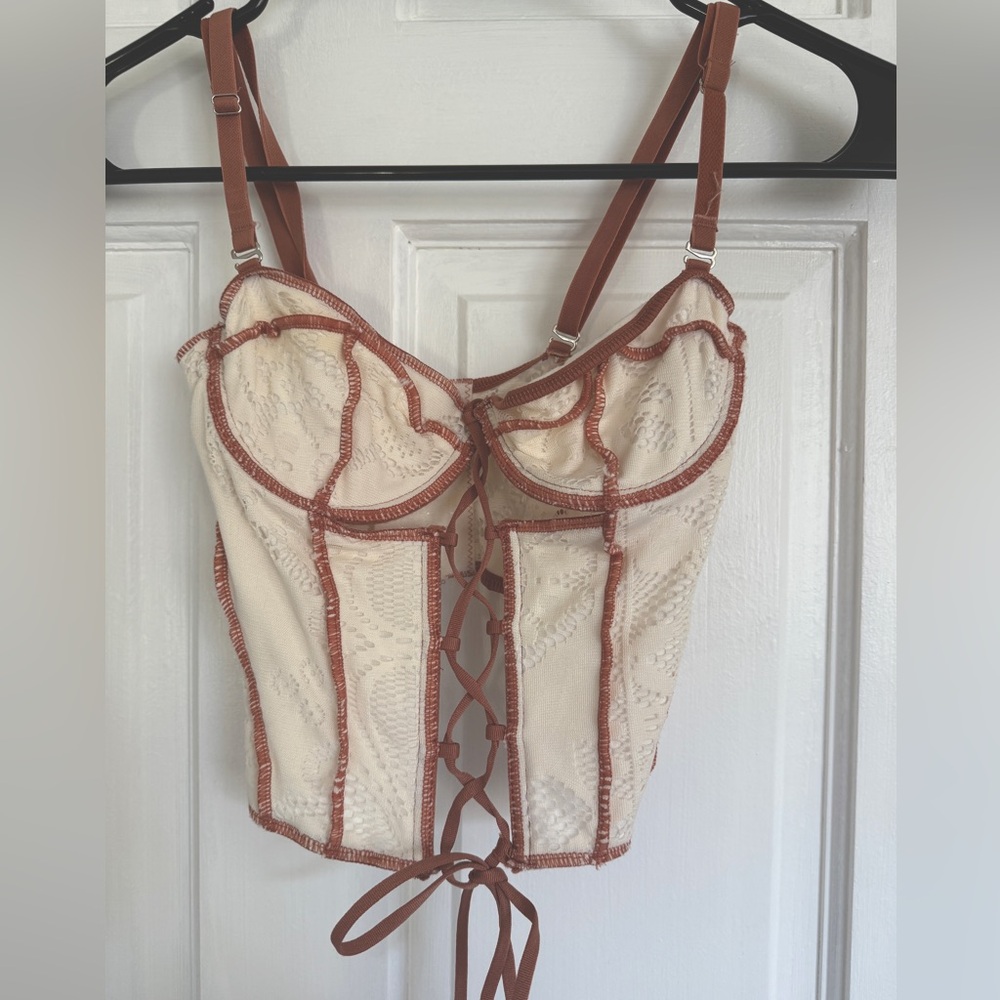 Cream and Brown Lace-Up Corset Top